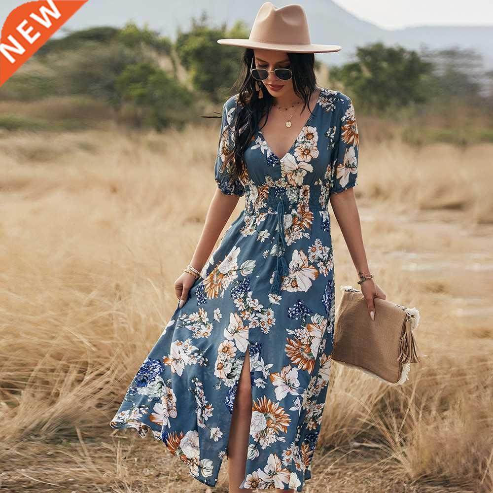 Short Sleeve Mxi Split Dress Summer 2021 Bech Boho Print S