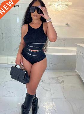 Hugcitar Letter Print Gold Wire Sleeveless Sexy Crop Top Min