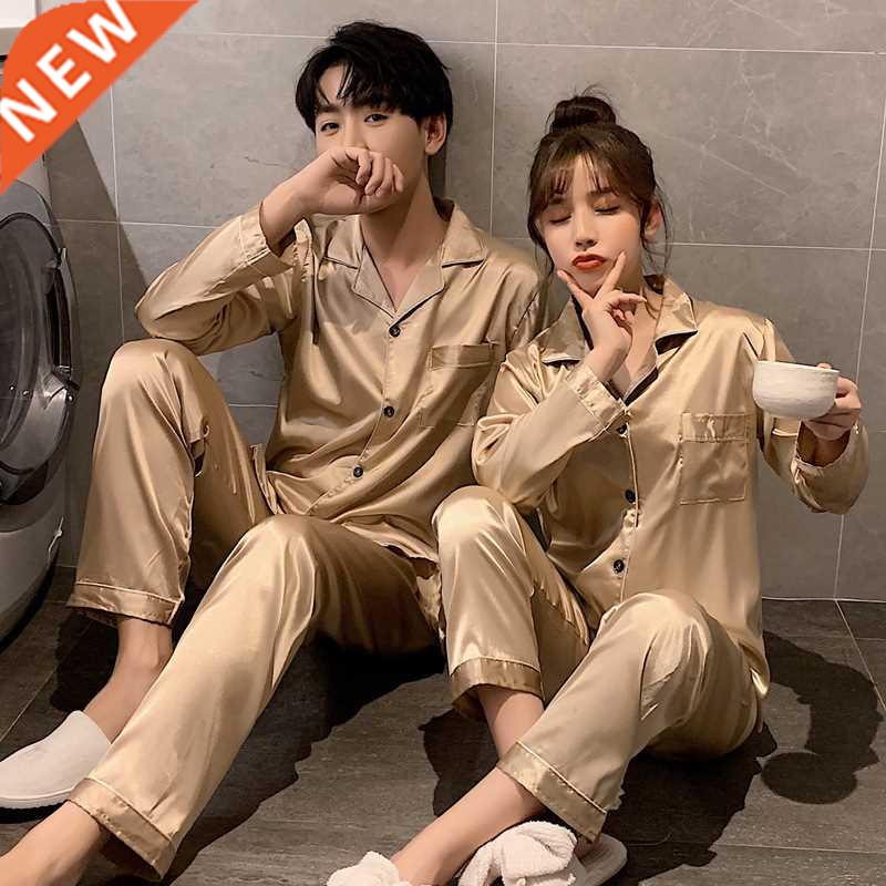Sleepwear Couple Silk Satin Solid Color Pajama Sets Long But