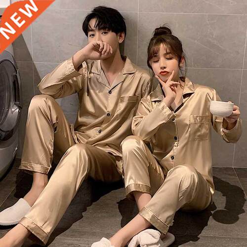 Sleepwear Couple Silk Satin Solid Color Pajama Sets Long But