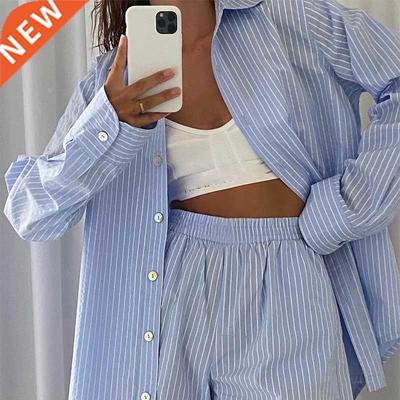Loung Wear Tracksuit Women Shorts Set Stripe Long Sleeve Shi