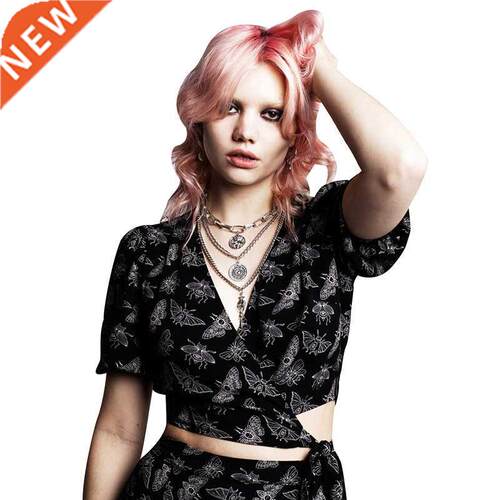 Summer T-shirt Women Streetwear Butterfly Print V-neck Crop