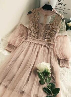 New Arrivals Women Lace Flower Dress Gauze Lantern Sleeve Vo