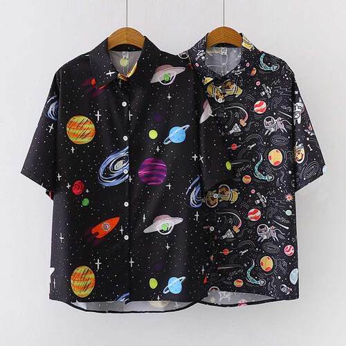 Night Sky Print Shirt Fashion Women Retro Chiffon Blouse Sum