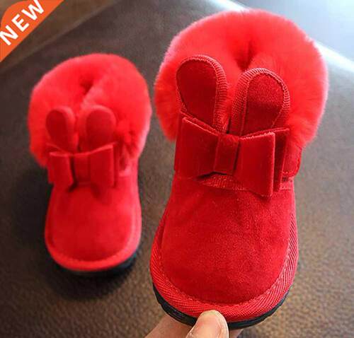 Girls Boots Bunny Bow Red Pink Ankle Shoes Warm Fur Animal N