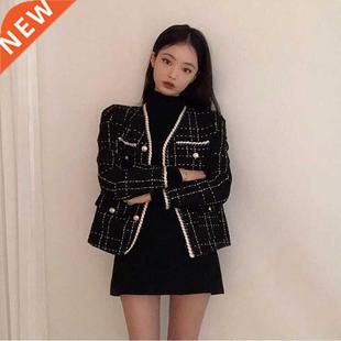 Luxury Designer Wool Coat Women Black Vintage V Neck Plaid T