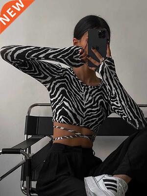 Sexy Backless Lace ups Pullover Tees Women Autumn Black O-ne