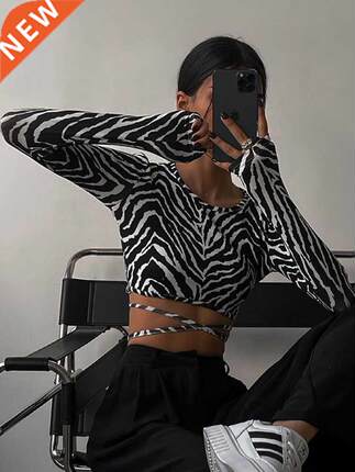 Sexy Backless Lace ups Pullover Tees Women Autumn Black O-ne