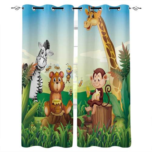 Cartoon Forest Anial Zebra Giraffe Window Curtains Kitchen