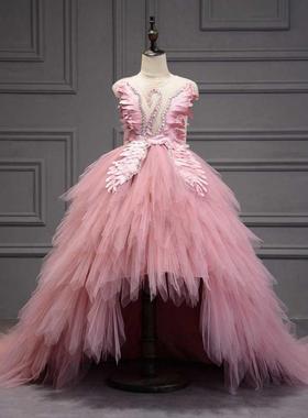 Elegant Swan Crystal Tulle Trailing Flower Girl Dress Evenin