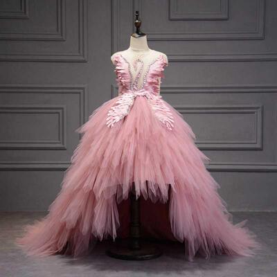 Elegant Swan Crystal Tulle Trailing Flower Girl Dress Evenin