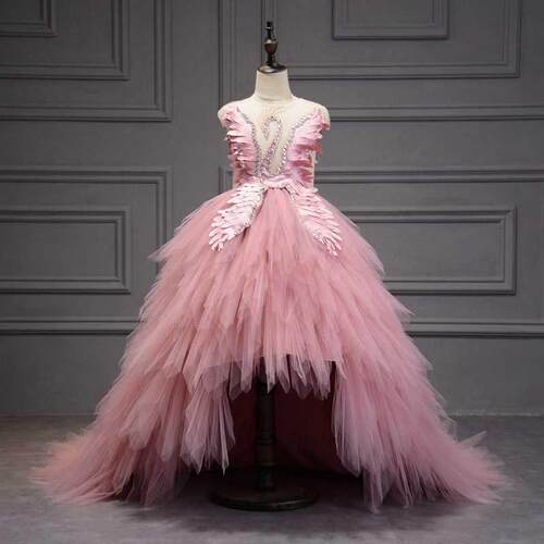 Elegant Swan Crystal Tulle Trailing Flower Girl Dress Evenin