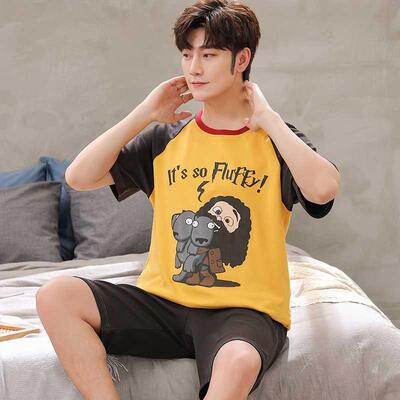 Funny Cartoon Anime Print Male Pajamas Set Summer Knitting C
