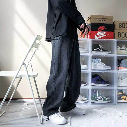 2022 Men's New Loose Black/blue Straight Pants Solid Color C