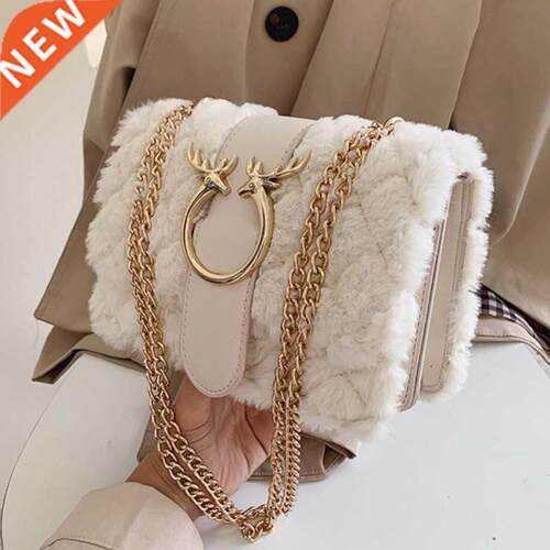 Female Winter Soft Plush Fur Designer Handbag Deer Lock Chai