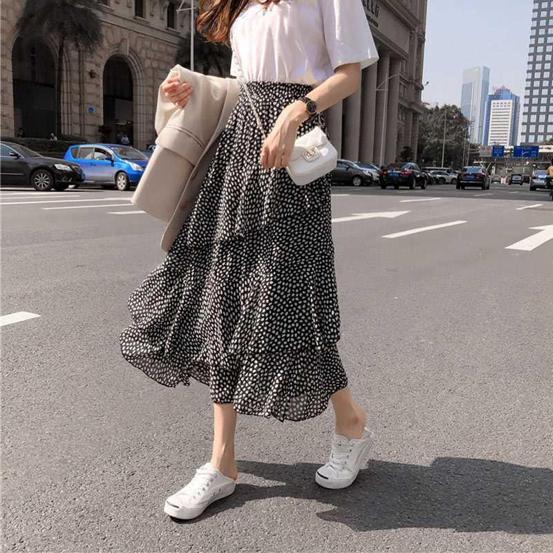 Polka Dot Ruffle Skirts Women's Long Skirt Irregular High Wa图片
