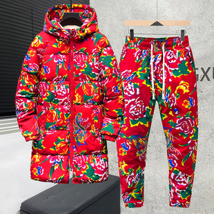 棉衣加厚保暖外套棉服套装 网红冬季 潮 棉袄男女同款 东北大花中长款