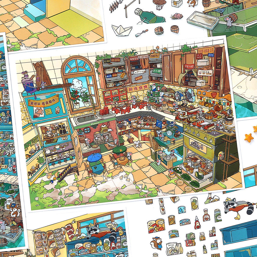 今日营业中36.0系列造景贴纸鼠鼠美食街高难度3D立体小屋贴画趣味创意个性手帐diy玩具打发时间新年生日礼物,文具电教/文化用品/商务用品,贴纸/立体贴纸,淘宝优惠券,粉丝福利购,淘宝优惠卷