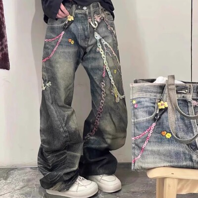 糖果链条3D错觉印花弯刀牛仔裤