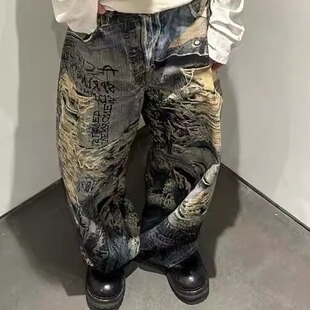 正确 AC风格25SS牛王3D印花糜烂破坏手绘涂鸦baggy宽松直筒牛仔裤