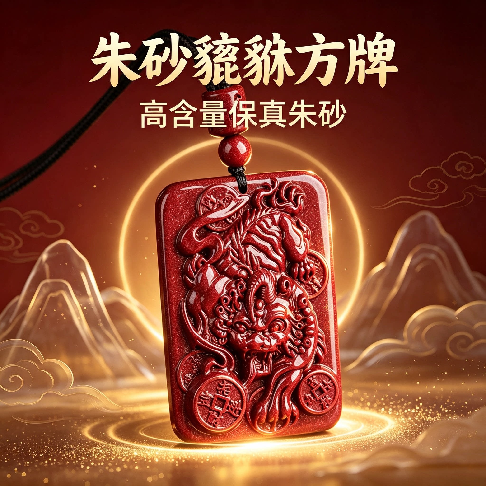 正品天然朱砂方牌貔貅吊坠男马年招财护身符高含量紫金砂挂件项链