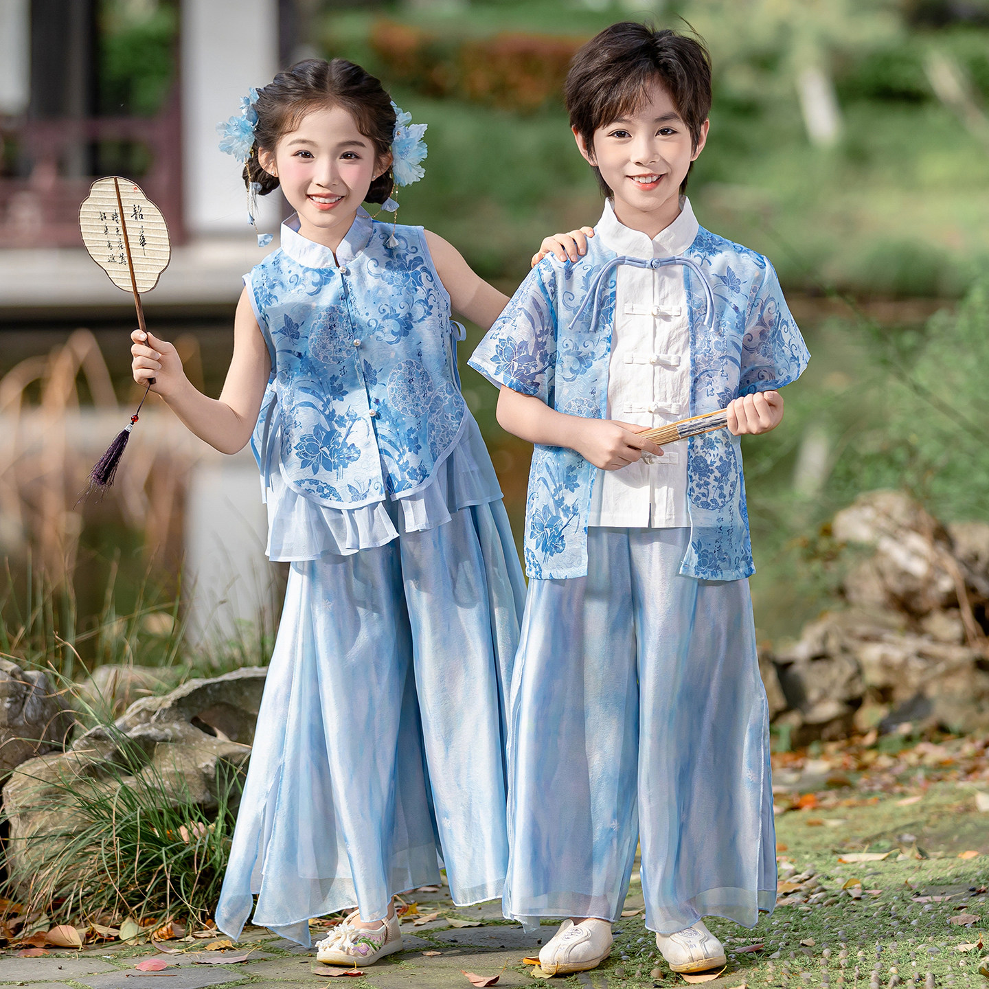 女童仙气新中式阔腿裙裤汉服男童国风马甲唐装六一演出服写真日常