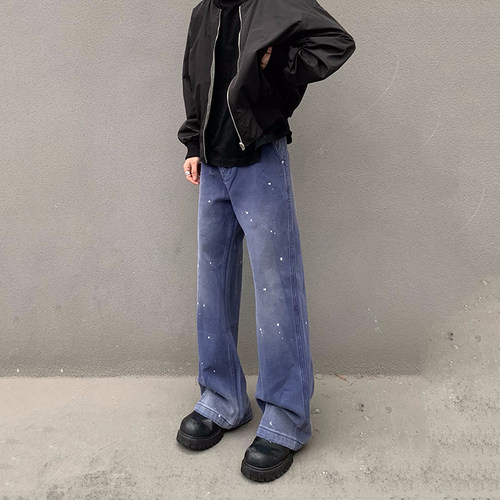 美式复古泼墨磨破牛仔裤男水洗