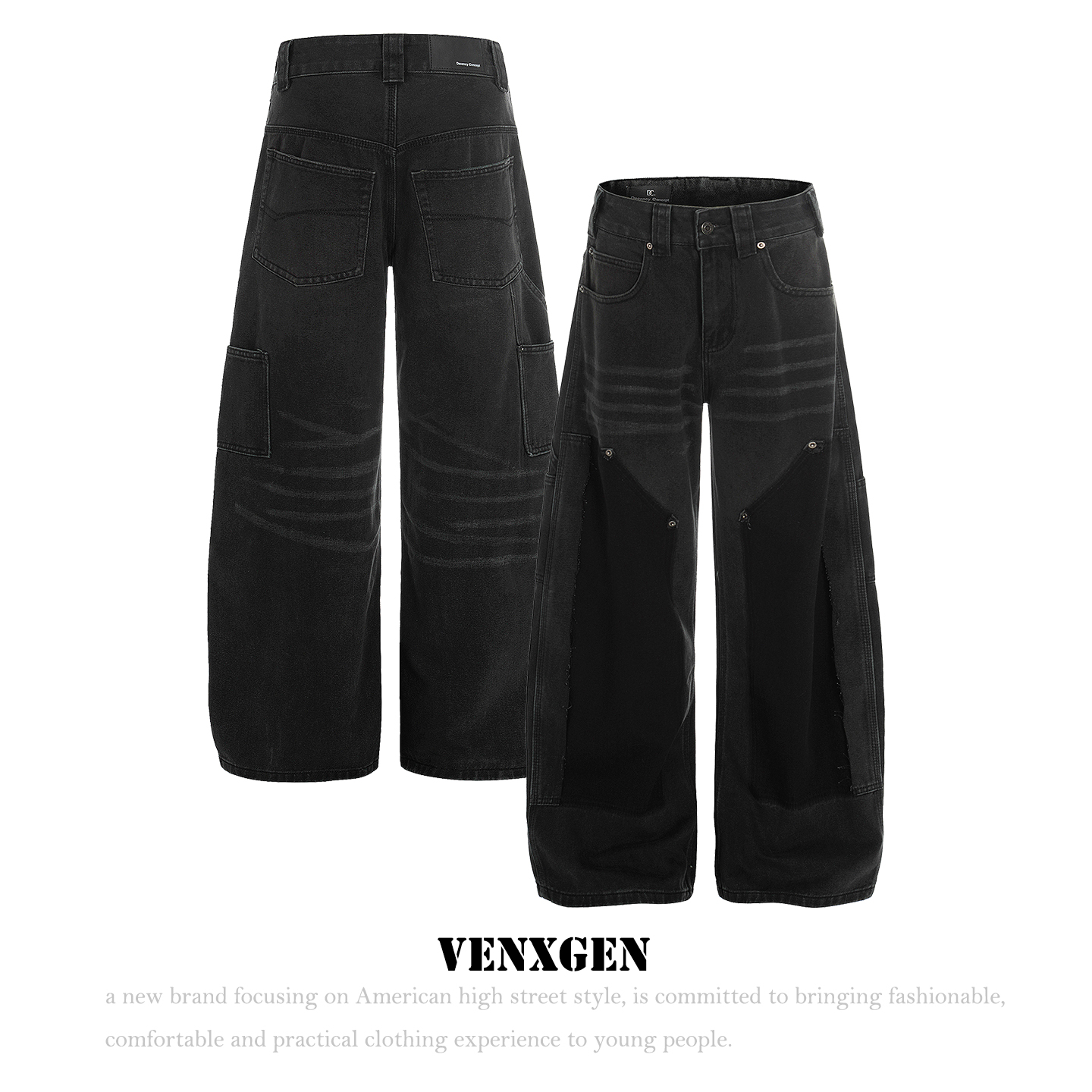 美式高街拼接解构弯刀牛仔裤男