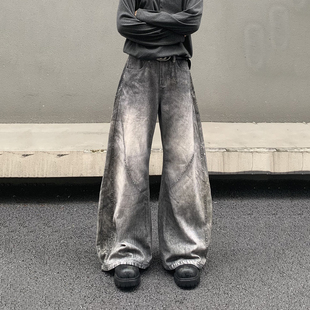 男宽松痞帅做旧baggy阔腿裤 VENXGEN美式 复古3D打印拼接弯刀牛仔裤