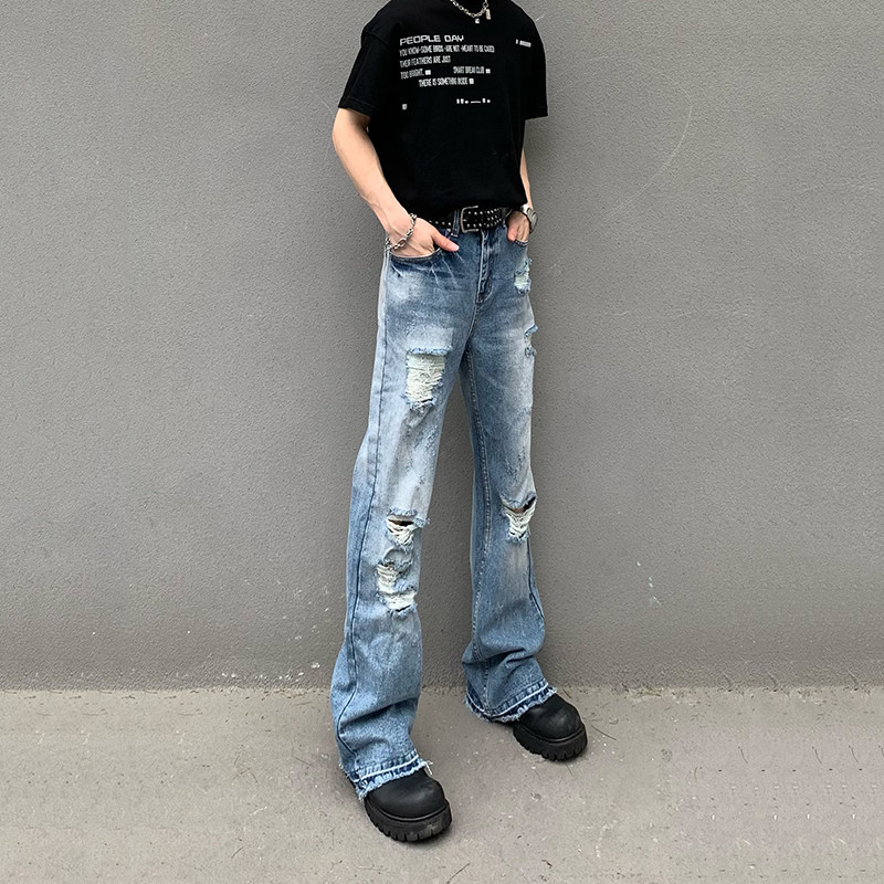 美式高街破洞牛仔裤男直筒微喇