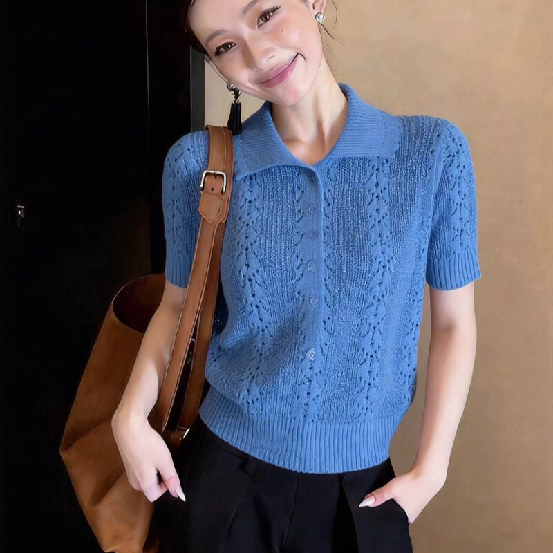 韩系蓝色polo领冰丝短袖T恤女夏季设计感宽松短款针织衫翻领上衣
