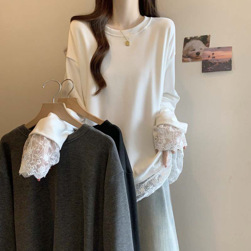 实拍~2025春季新款圆领落肩袖拼接蕾丝卫衣T恤女大码宽松休闲上衣