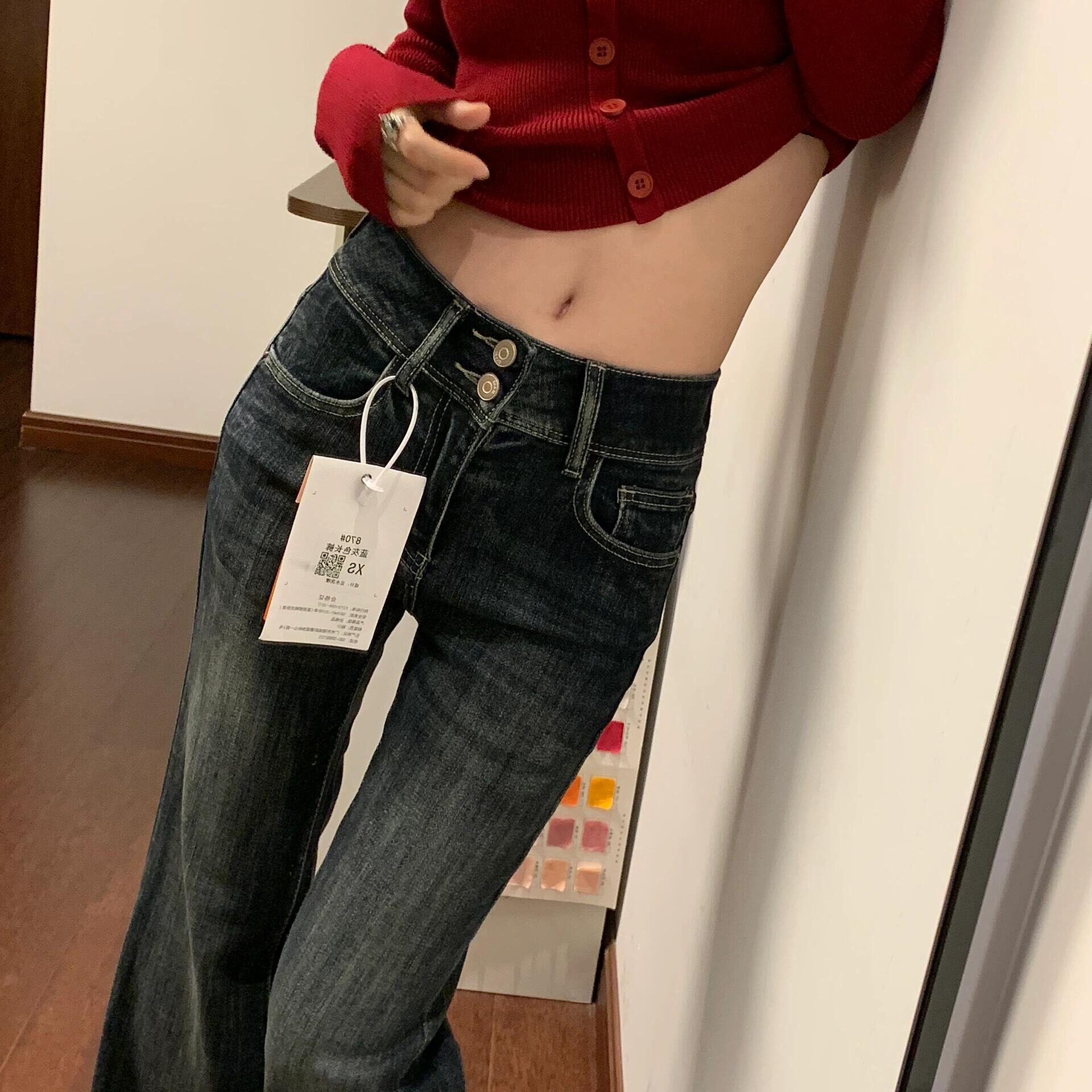 美式复古双扣微喇叭牛仔裤女2026夏季新款高腰弹力显瘦马蹄裤子