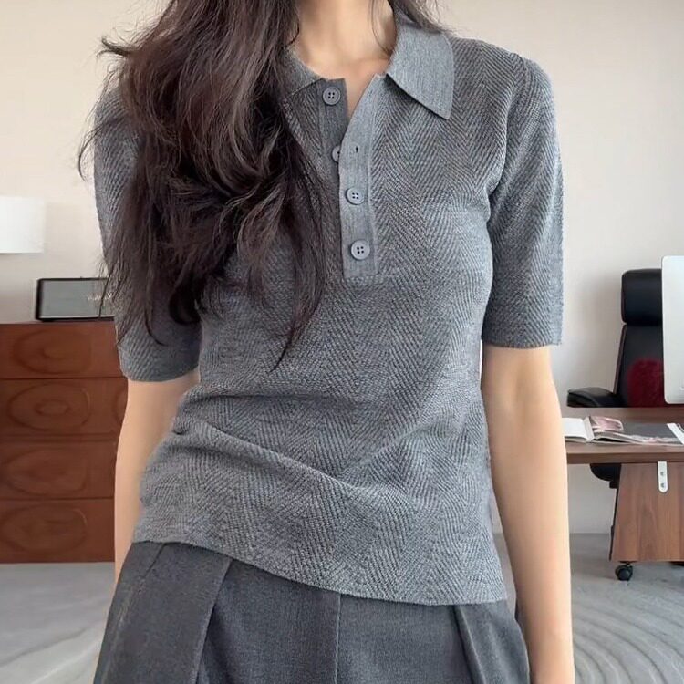 灰色Polo领短袖针织衫女2026夏季新款高级感冰丝t恤百搭显瘦上衣