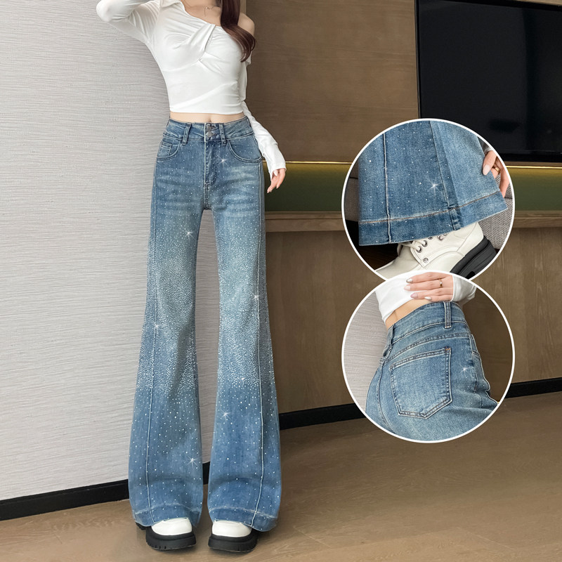 怀旧蓝烫钻微喇牛仔裤女春秋新款2026高腰弹力不贴腿小个子喇叭裤