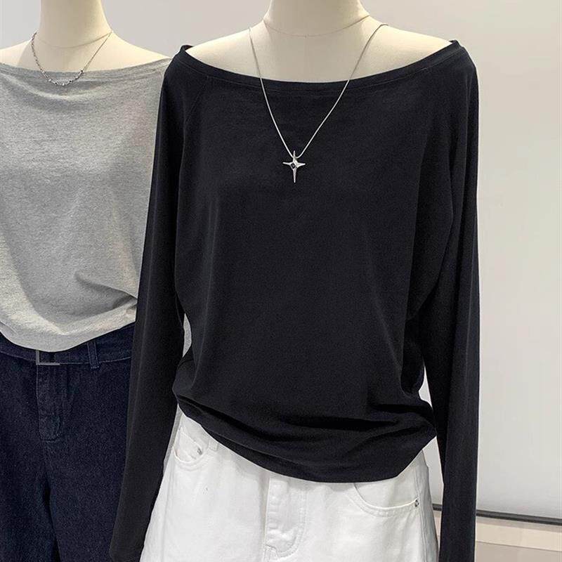 一字肩纯棉长袖斜肩黑色T恤女2026春秋冬新款内搭宽松露肩打底衫
