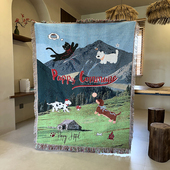 太阳下山品牌原创小狗插画装 饰挂毯沙发毯针织艺术地毯露营盖毯