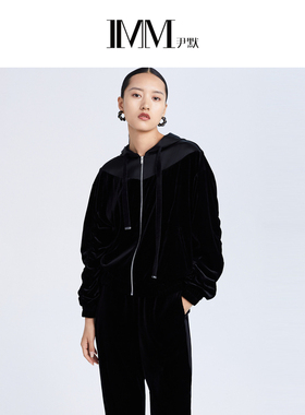 MM尹默女装春秋黑色连帽丝绒拼接女休闲外套