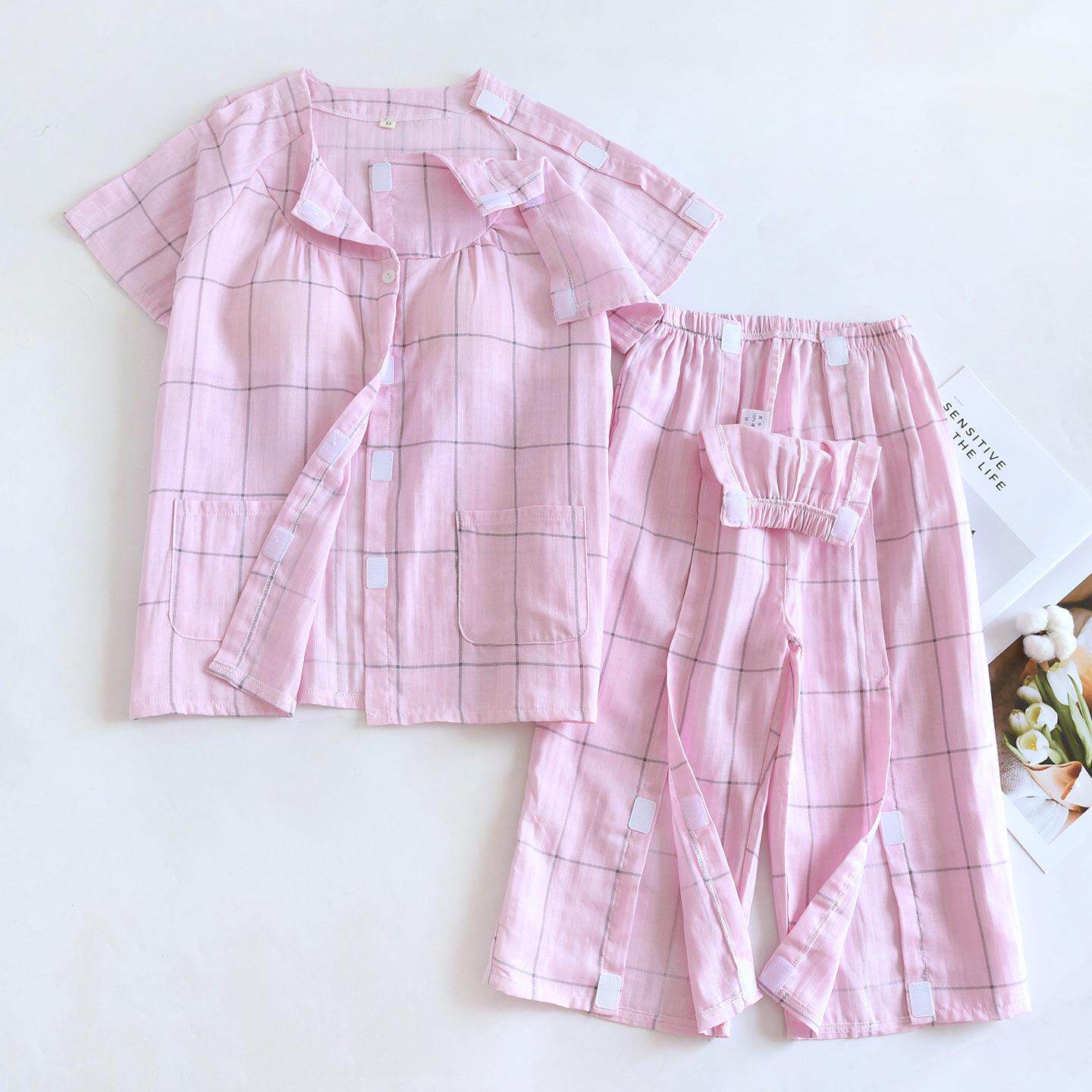 夏全棉透气短袖康复服一片式全开护理服骨折瘫痪卧床方便穿脱睡衣