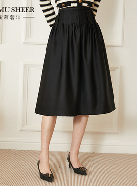 粉慕奢尔「黑天鹅」赫本风高腰压褶显瘦花苞裙-B1202