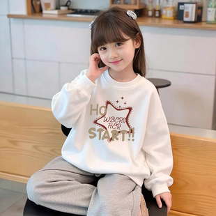 女童圆领卫衣春秋冬新款女孩衣服季洋气时髦炸街中大童加绒上衣1