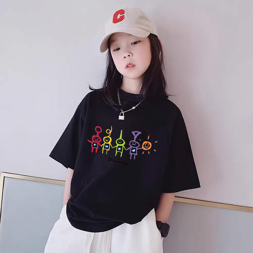 女童短袖t恤纯棉夏装新款儿童大童半袖宽松黑色夏款半袖上衣洋气