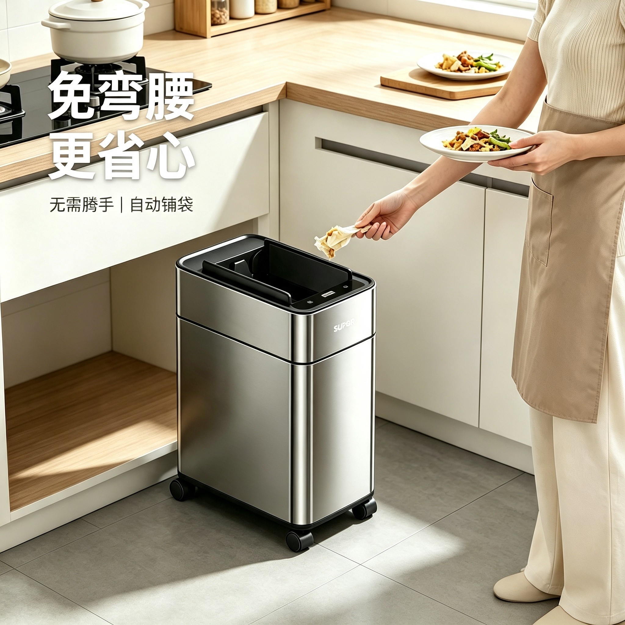 苏泊尔智能垃圾桶感应垃圾桶自动铺袋除菌不锈钢可移动厨房客厅桶