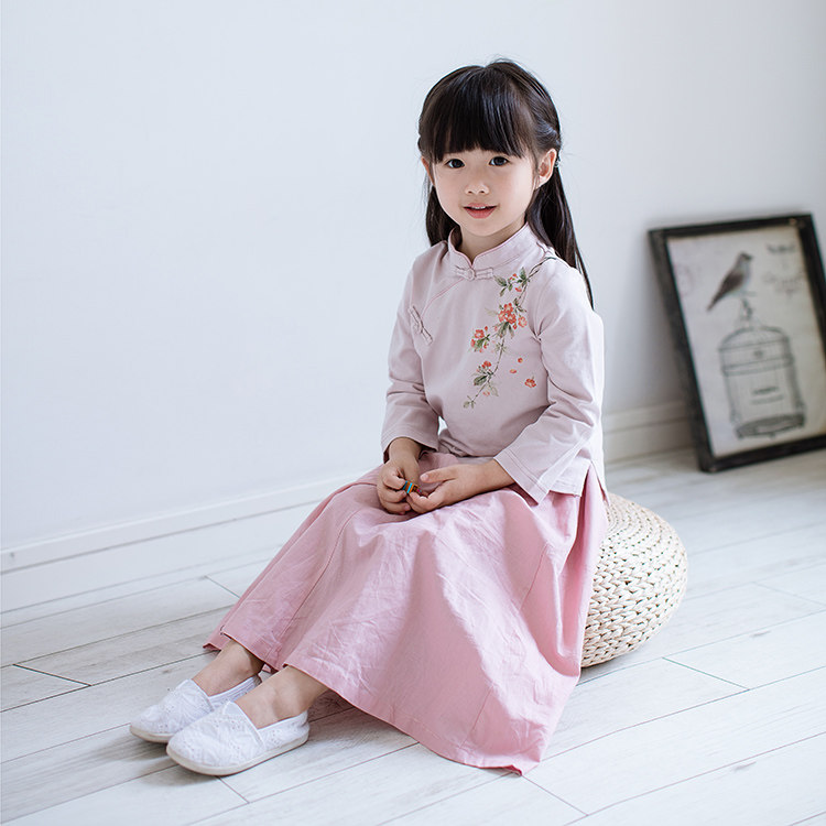 儿童表演中国风复古汉服春秋季女童唐装中式民国上衣裙子套装纯棉