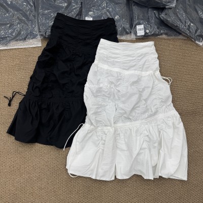 chumo3100春夏亚麻高腰抽褶半身裙女百搭显瘦花苞裙长款压褶裙子
