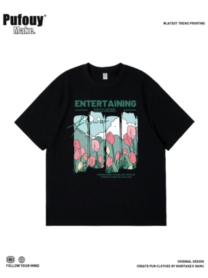 Pufouy美式复古花卉印花短袖T恤男女oversize宽松纯棉半袖上衣ins