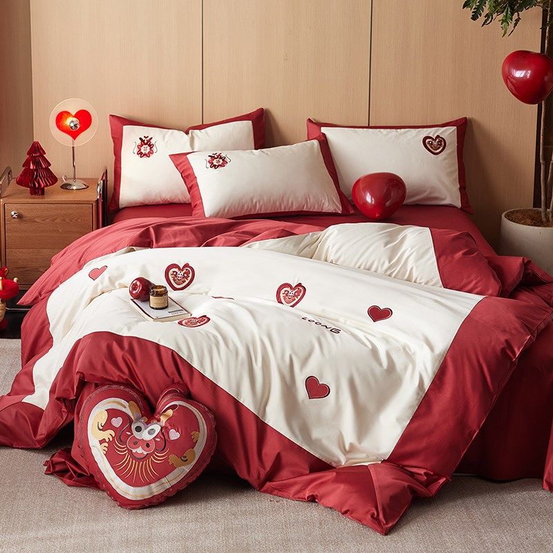 韩式公主风100支全棉长绒棉四件套E纯棉婚庆刺绣爱心床单床上用品