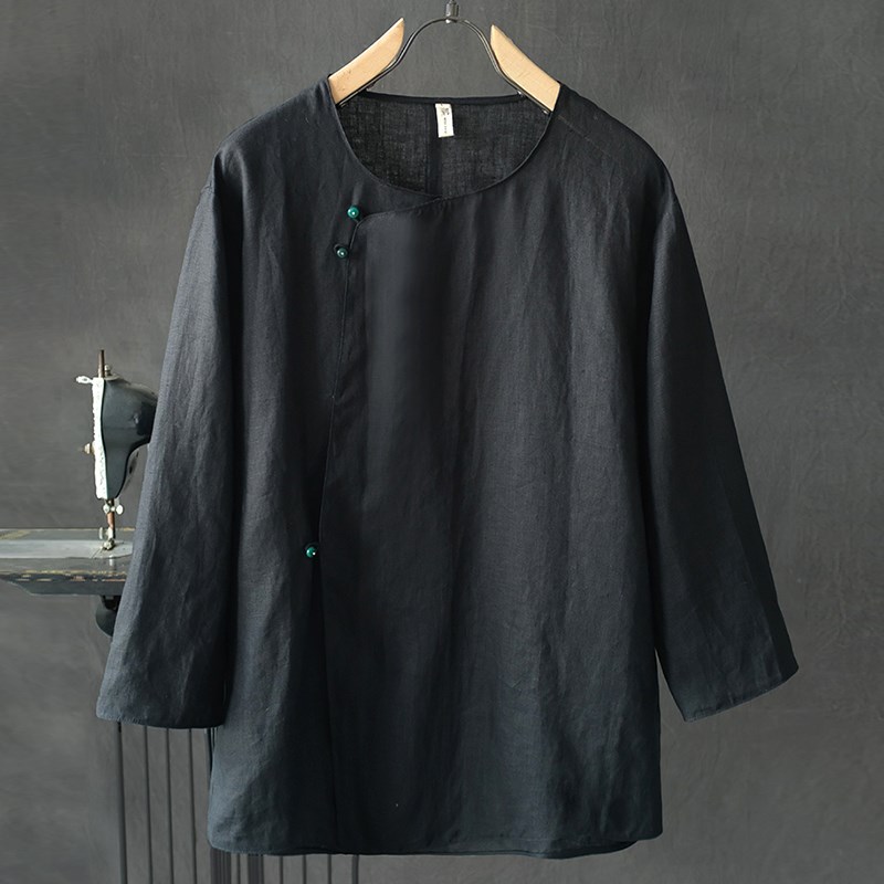 早秋男士亚麻宽松舒适清凉透气汉服小衫中式复古文艺潮流斜襟上衣