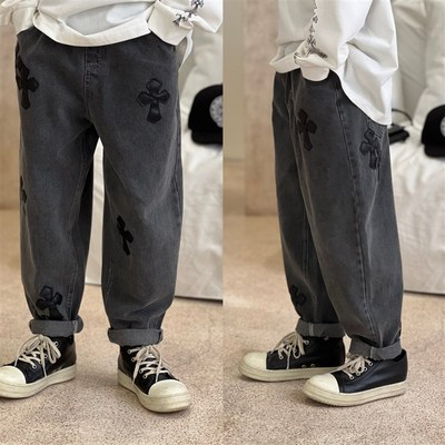 秋款儿童日系黑j色帅气十字架皮标潮酷牛仔裤男童炸街帅气休闲裤