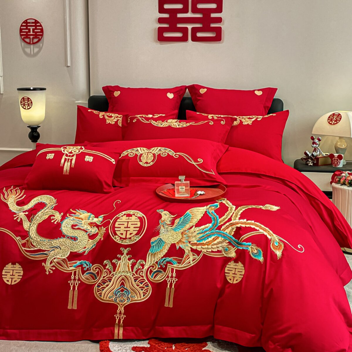 中式龙凤刺绣结婚四件套红色x六件床单被套纯棉喜被新婚庆床上用,床上用品,婚庆床品套件,淘宝优惠券,粉丝福利购,淘宝优惠卷